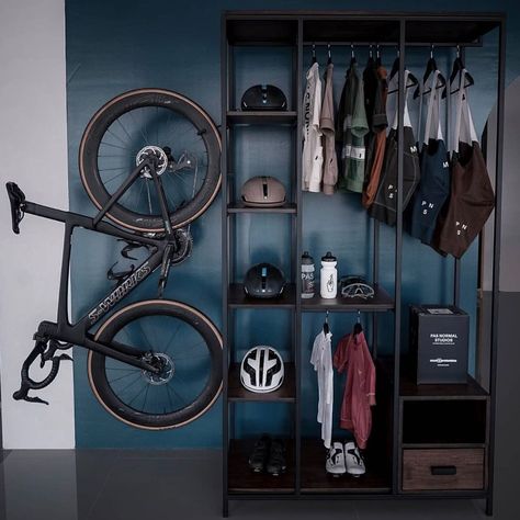 Hymn on Instagram: “Bikestorage By B W Desing and Build Clean and Simple…” Cycling Gear Storage, Bike Room Design, Sports Gear Storage, Bike Storage Home, Bike Storage Apartment, Rack Velo, Indoor Bike Rack, Bicycle Room, Gear Room