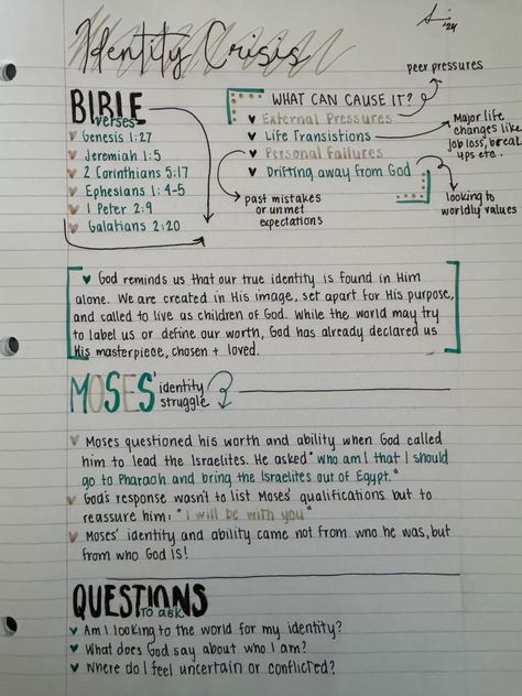 Day 20 Bible Notes of Identity Crisis 💕 Identity Bible Study, Bible Taking Notes, Bible Note Taking Ideas, Bible Prompts, Bible Notes Ideas Notebooks, Bible Study Notes Journal, Bible Room, Bible Journaling Prompts, Devotional Journal Ideas