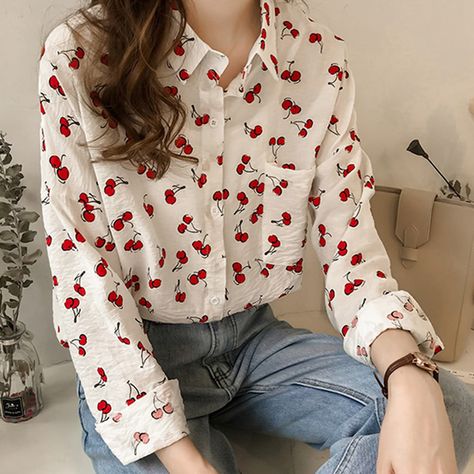 Arrives by Wed, Oct 11 Buy Ichuanyi Fall Tops for Women Clearance 2022 Lady Fashion Women Top Retro Printing Long Sleeve Lapel Casual Shirt Blouse at Walmart.com Funky Button Up Shirts, Cherry Clothes, Your Annoying, Emma Pillsbury, Basic Streetwear, Polo Blouse, Floral Shirts, Shirt Blouses Women's, Loose Shirt