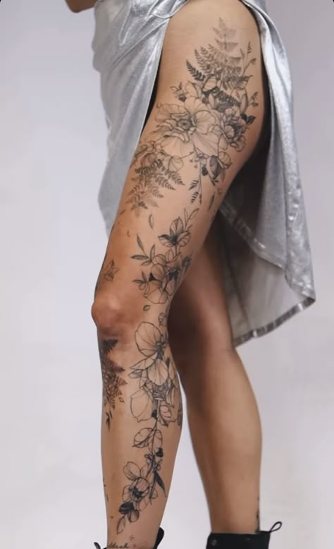 Linework Tattoo Flower, Nature Leg Sleeve Women, Women Quad Tattoo, Ankle Leg Tattoo For Women, Lower Leg Sleeve Tattoos Female, Feminine Leg Sleeve Tattoo, Plant Leg Tattoo, Wrap Around Leg Tattoo Women, Floral Leg Sleeve