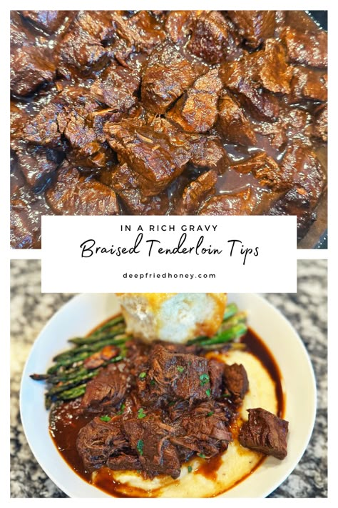 Beef Tenderloin Soup, Braised Beef Tips Recipes, Braised Steak Tips, Tenderloin Tips Recipe Crockpot, Beef Tenderloin Pieces Recipes, Braised Beef Tenderloin, Beef Tenderloin Tail Recipes, Steak Tenderloin, Crockpot Beef Tenderloin