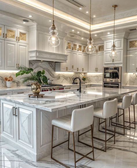 Quartzite Backsplash, Modern Luxury Kitchen Design, Modern Luxury Kitchen, Elegant Kitchen Design, Classy Kitchen, Fancy Kitchens, Dream Kitchens Design, Kitchen Remodel Inspiration, White Kitchen Design