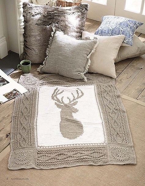 Crochet Deer Blanket pattern. Ideal for men, cabins or outdoor decor. Designed with rich texture and gives you options to design your own blanket. Crochet Patterns For Blankets Free, Two Color Crochet Blanket Pattern, Funny Crochet Blanket, Crochet Along Patterns Free, Crochet Deer Blanket, Cabin Crochet Blanket, Camo Crochet Blanket, Cable Afghan, Country Crochet