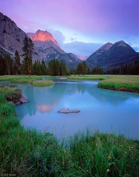 Green River Reflection    Wind River Range, Wyoming    Sunset alpenglow on Ladd Peak, as seen from the Green River in Three Forks Park - July.    This valley is absolutely incredible; never have I seen such a large meandering river so deep in the mountains. There's about 6 or 7 major basins that empty into this valley upstream from here. Photo © copyright by Jack Brauer. Green River Wyoming, Wind River, Green River, Have Inspiration, America The Beautiful, Alam Yang Indah, Lviv, Pretty Places, Places I Want To Go