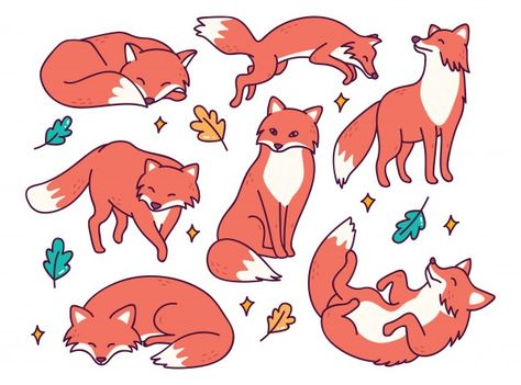 Fox Doodle, Autumn Animals, Animal Doodles, Different Poses, Christmas Doodles, Cute Patches, Collage Background, Cute Cartoon Animals, Kawaii Doodles