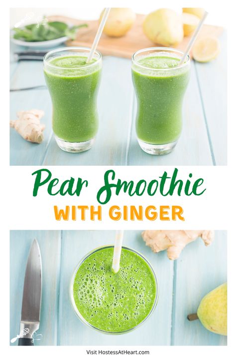 Pear Smoothie with Ginger -- a Green Smoothie Juice Recipes With Pears, Pear Smoothie Recipes Healthy, Juices With Pear, Pear Juice Smoothie, Pear Ginger Smoothie, Ginger Green Smoothie, Smoothie With Ginger, Pear Smoothie Recipes, Inflammatory Smoothies