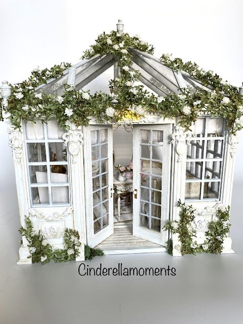 Dollhouse Conservatory, She Shed Exterior, Cinderella Moments, Mansard Roof, Doll House Plans, Porch Light, Haunted Dolls, Mini Greenhouse, Architecture Painting