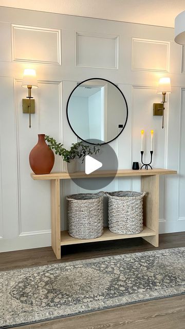 Ashley French | DIY on Instagram: "Recessed panel wainscoting 😍 Comment TRIM and I will send you the full video tutorial on how to install this accent wall plus I will send you the links to the tools and materials, and the entryway decor. This is one of my favorite DIY projects and I think accent walls can add so much character to your home! 
.
#accentwall #wainscoting #boardandbatten #entrywaydesign #diyhomeprojects" Hallway Millwork, Recessed Panel Wainscoting, Panel Wainscoting, Wall Molding Living Room, Entry Area, Shiplap Boards, Crown Moulding, Entry Way Design, Wall Molding