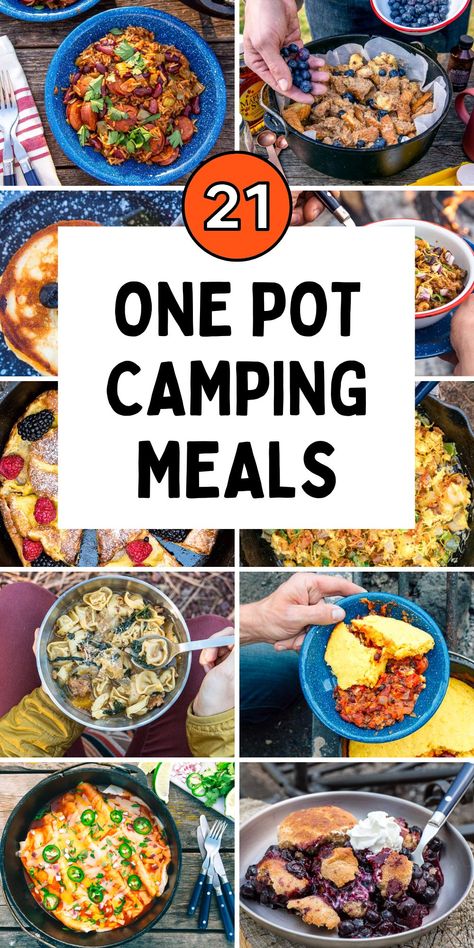 Hate doing dishes while camping? Us too! Easy to cook and easy to clean, these one pot camping meals and recipes are perfect for your next weekend in the woods. Camp Stove Recipes, Camping Recipes Dinner, Easy Camping Dinners, Campfire Dinners, Camping Food Ideas, Camping Meal Planning, Camping Menu, Best Camping Meals, Camping Dishes