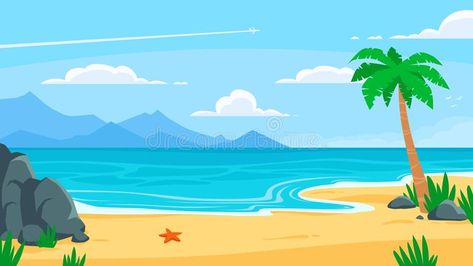 Summer beach background. Sandy seashore, sea coast with palm tree and vocation seaside travel vector cartoon backdrop stock illustration Summer Beach Background, Backdrop Illustration, Beach Cartoon, Beach Illustration, Sea Coast, Waves Background, Beach Posters, Beach Background, Landscape Background