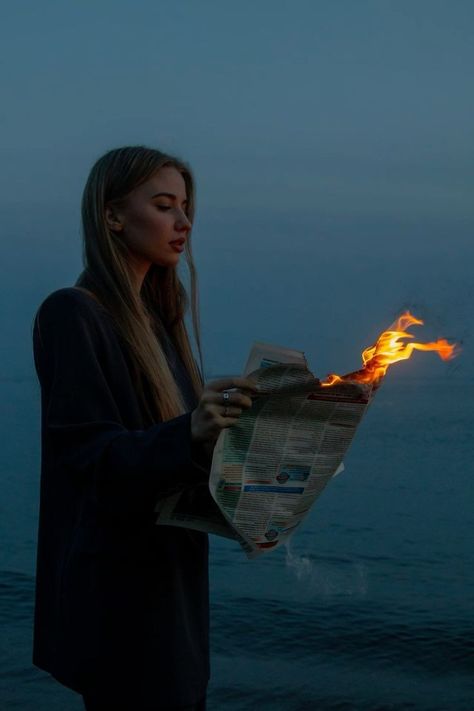 Newspaper On Fire Photoshoot, Photo Destruction Instagram, Fire Newspaper Photography, Burning Newspaper Photoshoot, Anger Photoshoot, Burning Photoshoot, Fire Portrait Photography, Photography With Fire, Burning Newspaper