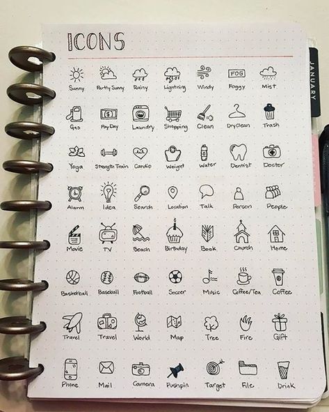 different icons - bullet journal Easy Journal, Activity Journal, Journal Simple, Goals Journal, Ideas Journal, Bullet Journal 2019, Bullet Journal Notes, Journal Bullet, Daily Activity