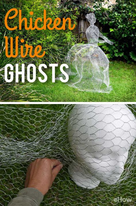 Your front lawn NEEDS this for Halloween this year! Whether your planning on having a haunted house, any sort of Halloween party, or just want to decorate and get into the spooky spirit, this easy chicken wire ghost is perfect for any home. Don't they look creepy? DIY instructions here: http://www.ehow.com/how_12341033_make-chicken-wire-ghosts.html?utm_source=pinterest.com&utm_medium=referral&utm_content=freestyle&utm_campaign=fanpage Chicken Wire Ghost, Wire Ghosts, Chicken Wire Sculpture, Chicken Wire Crafts, Dekorasi Halloween, Halloween Decor Diy, Halloween Fest, Halloween Prop, Halloween This Year