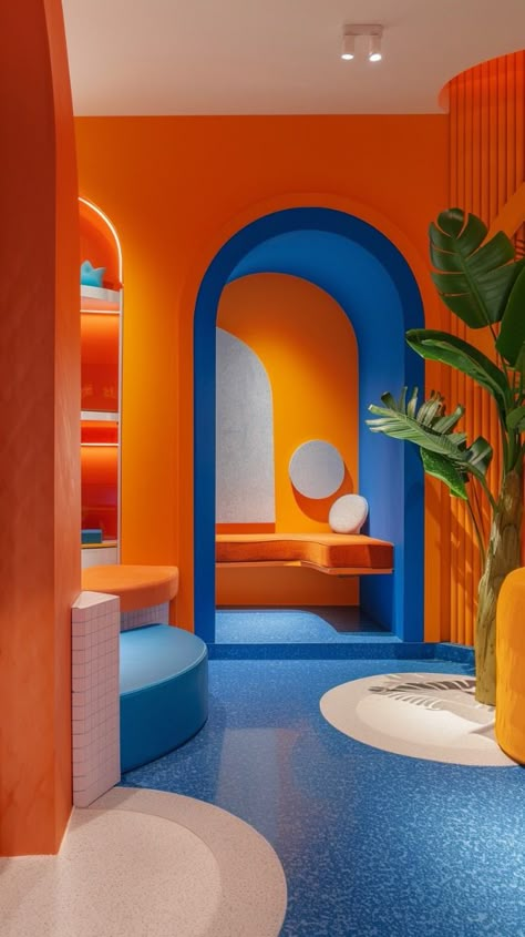 Diseño Retail para farmacias Hacks For Small Apartments, Memphis Furniture, Colour Blocking Interior, Kids Restaurant, Creative Lighting Ideas, Bold Furniture, Kids Restaurants, Deco Orange, Wall Art Projects