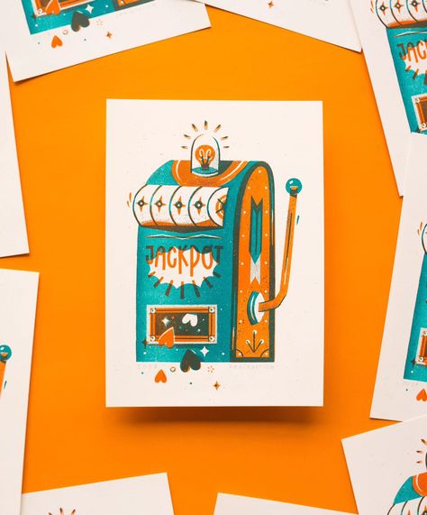 🧡 Yes! After being closed since April my webshop is finally open (and updated!) again 😌 First up, the new Jackpot riso print, based on an earlier made sold out lino print. Printed at the always wonderful @dekijm on warm white, A5 paper. Since this week also available at @themakerstore Cheers! 💙 #illustration #riso #risograph #risoprint #jackpot #love #get_imprinted #popmember #peopleofprint #texture #handlettering #overlay #multiply #overprint Cheers Illustration, Risograph Illustration, Risograph Poster, Riso Print, Risograph Print, Open Signs, Teal Orange, Light Teal, Band Posters