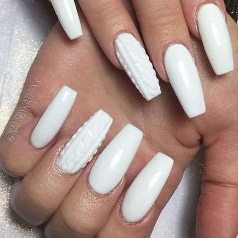 White coffin sweater matte nail design! Beautiful nails by @nailsbykathyyy 😍 Ugly Duckling Nails page is dedicated to promoting quality, inspirational nails created by International Nail Artists💖  #nailartaddict #nailswag #nailaholic  #nailart  #nailsofinstagram  #nai Matte White Nails, January Nails, Sweater Nails, Matte Nails Design, White Nail Designs, Acrylic Nails Coffin Pink, Winter Nail Art, Winter Nail Designs, Xmas Nails