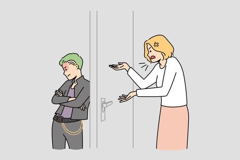 Angry mother talking to teen goth child locked in room. Parent children relationship concept. Adolescence and growing up. Vector illustration. Adolescence Illustration, Angry Mother, Parenting Illustration, Room Parent, Parent Child Relationship, Cityscape Photos, Logo Banners, Cartoon Images, Custom Illustration