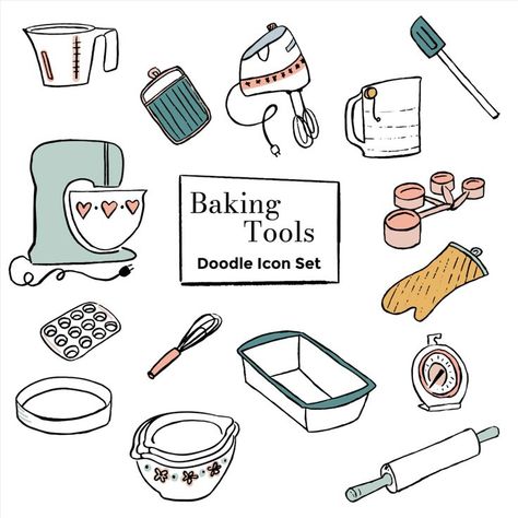 Baking Tools Drawing, Bake Illustration, Baking Tools Illustration, Annotation Doodles, Baking Doodles, Baking Drawing, Baking Stickers, Lil Doodles, Science Revision