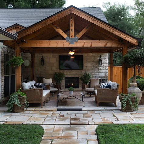 Patio Cover With Fireplace, Grill Covered Patio, Open Living Room To Backyard, Covered Patio Detached From House, Back Deck Overhang Ideas, Covered Patio Vaulted Ceiling, Back Covered Patio Ideas On A Budget, Pergola Ideas Front Of House, Backyard Gazebo With Fireplace