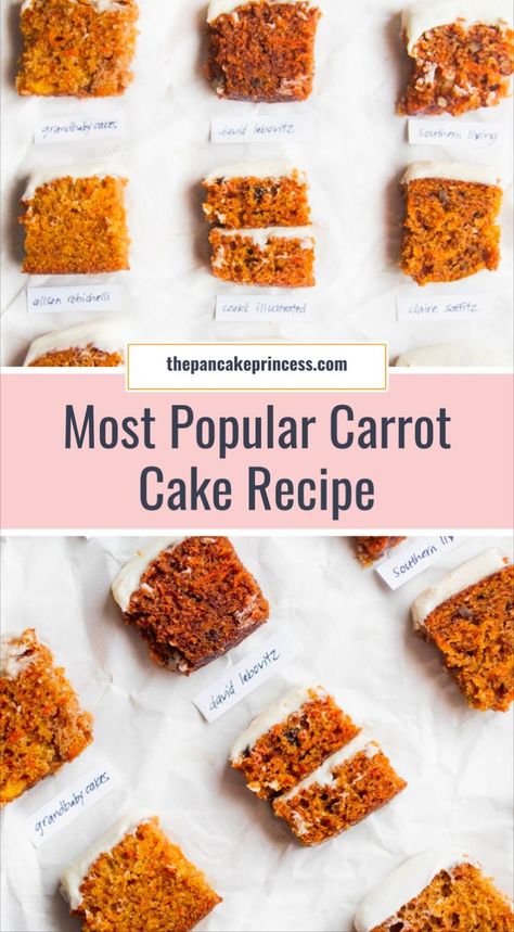 We're testing nine of the most popular carrot cake recipes! In this bake-off, we took nine of the best carrot cake recipes and made them ALL while our panel of judges reviewed each for flavor, consistency and more. If you're looking for the best carrot cake recipe out there, be sure and read this post! Quick Carrot Cake, Carrot Cake Roll, Carrot Cake Recipes, Best Carrot Cake Recipe, Best Cinnamon Roll Recipe, Baby Carrot Recipes, The Best Carrot Cake, Bake Off Recipes, Best Carrot Cake