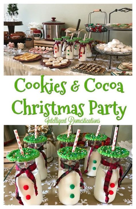 Christmas Party Ideas. How to host a Cookies & Cocoa Theme Party for Christmas. Christmas Party Ideas. #Christmasparty #Holidayparty #cookies #cocoa #party #partyideas #milkbottles #cookieparty Milk Jars, Christmas Party Ideas For Teens, Christmas Pajama Party, Cocoa Party, Christmas Cookie Party, Adult Christmas Party, Food Christmas, Cookie Decorating Party, Halloween Party Snacks