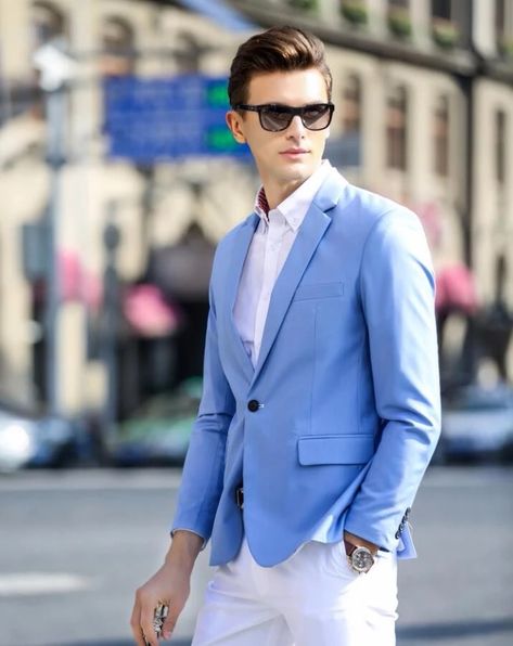 Light Blue Suit Men, Mens Fashion College, Mens Suits Style, Mid Blue Suit, Dark Blue Jeans Outfit, Casual Sport Coats, Light Blue Blazers, Blue Blazer Men, Sport Casual Outfit