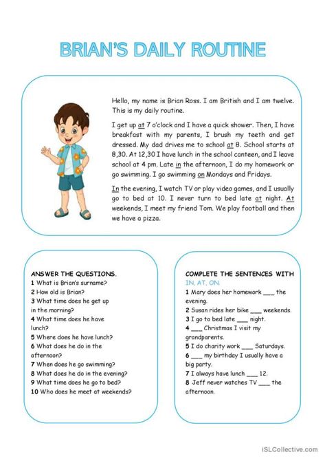 RC & prepositions of time - Brian's daily routine Present Simple Reading Comprehension, Present Simple Tense, Daily Routine Activities, Simple Present Tense, Grammar Practice, Reading Comprehension Activities, English Resources, English Lessons For Kids, Comprehension Activities