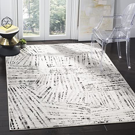 SAFAVIEH Skyler Collection SKY191K Modern Abstract Non-Shedding Living Room Bedroom Dining Home Office Area Rug, 8' x 10', Grey / Ivory Ivory Rugs, Office Area Rugs, Ivory Area Rug, Polyester Rugs, Geometric Area Rug, Ivory Rug, Nebraska Furniture Mart, Indoor Area Rugs, Geometric Rug