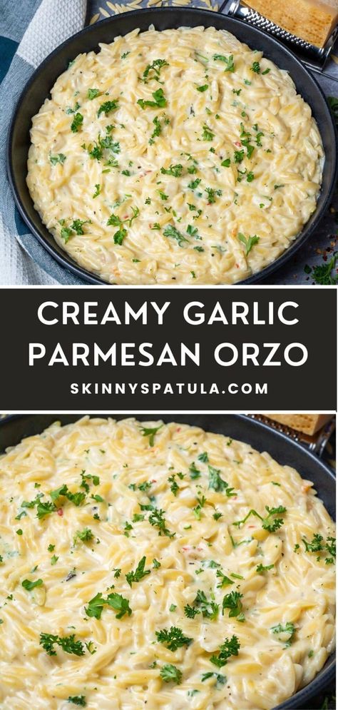 Garlic Parmesan Orzo, Orzo Recipes Side, Orzo Pasta Recipes, Parmesan Orzo, Pasta Side Dishes, Orzo Recipes, Rice Side, Pasta Dinner Recipes, Creamy Garlic