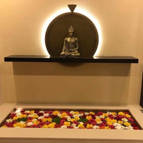 Tv Unit With Buddha Statue, Buddha Corner Decor, Buddha Decor Entryway, Buddha Statue Home Entrance, Living Hall Design, Buddha Statue Home, Buddha Wall Decor, Home Wall Colour, Buddha Home Decor