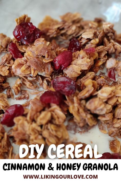 Easy DIY granola cereal that tastes like a cookie! Serve it in a bowl with milk, on top of yogurt, or on its own as a tasty snack. #cereal #granola #cinnamon #honey #likingourlove Homemade Gluten Free Cereal, Diy Granola Cereal, Diy Healthy Cereal, Home Made Cereal Recipes, Homemade Cereal Recipe, Cereal Recipes Homemade, Prairie Kitchen, Stockpile Food, Diy Cereal