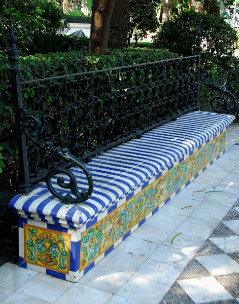 The mosaics in their public parks were amazing. Bob and I sat on one of these bench in a park in Cadiz, Spain and watched the harbour beyond. Mosaic Bench, Concrete Benches, Cement Bench, Outdoor Mosaic, Garden Sitting Areas, Mosaic Sculpture, Mosaic Furniture, Cadiz Spain, Park Benches