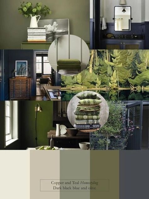 Navy Blue And Olive Green Living Room Decor, Dark Gray And Olive Green Living Room, Green And Navy Lounge, Navy And Green Lounge Ideas, Dark Blue And Olive Green Living Room, Navy Blue And Moss Green Living Room, Olive Green And Navy Blue Living Room, Olive Green And Black Interior, Moody Blue And Green Living Room