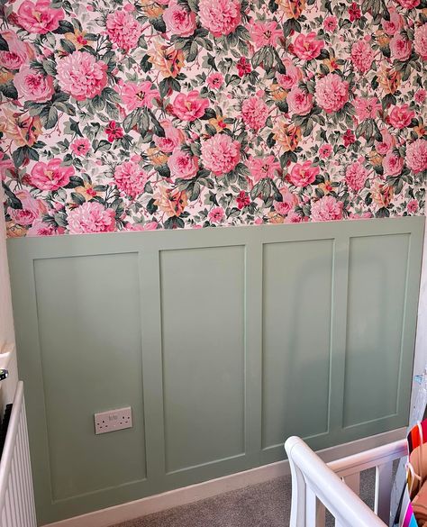 Custom height panelling is perfect for rooms you would still like to add wallpaper to. This hallway has the best of both worlds with its vibrant floral wallpaper and our panelling painted in a pale green 💚🩷 Thank you to Rachel who posted this in our Facebook group! Floral Wallpaper And Panelling, Wallpaper And Panelling Bedroom, Dado Rail Bedroom, Wallpaper And Panelling, Panelling And Wallpaper, Panelling With Wallpaper, Add Wallpaper, Hallway Panelling, Room Vibes