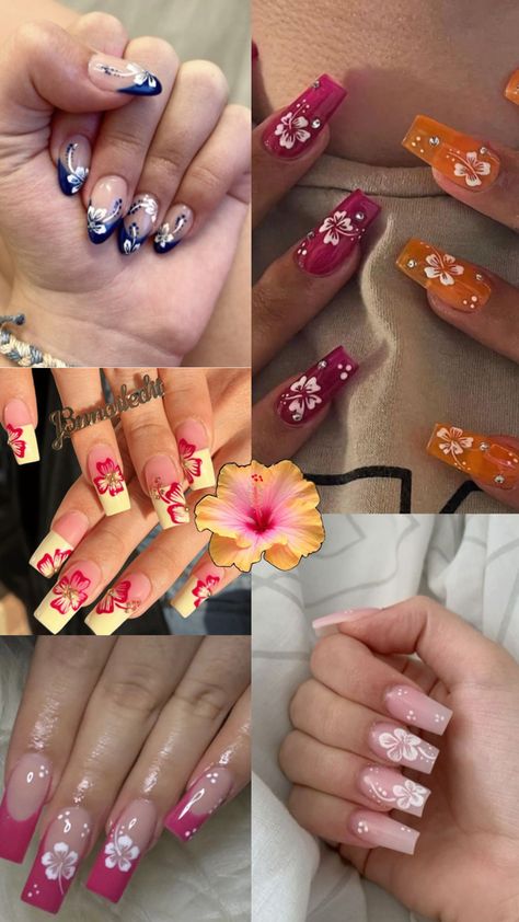 5 hibiscus flower nail designs for acrylic naild Hawaii Nails White, Yellow Hibiscus Nails, Hawaii Acrylic Nails, Hawaiian Nails Acrylic, Hisbusic Flower Nails, Hawaii Nails Ideas Hawaiian Flowers, Hawaiian Flower Nails Hibiscus, Habisquis Flower Nail, Blue Hibiscus Nails