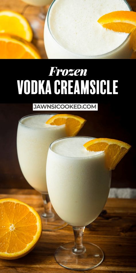 This Orange vodka creamsicle drink recipe is a delicious, frothy, and frozen alcoholic orange creamsicle- blended to perfection with only 5 ingredients! A great creamy cocktail everyone will love! Frozen Alcoholic Drinks Recipes, Orange Creamsicle Drink, Alcoholic Slushies, Vodka Frozen Drinks, Creamsicle Drink, Frozen Drinks Alcohol, Frozen Drink Recipes, Booze Drink, Frozen Cocktail Recipes