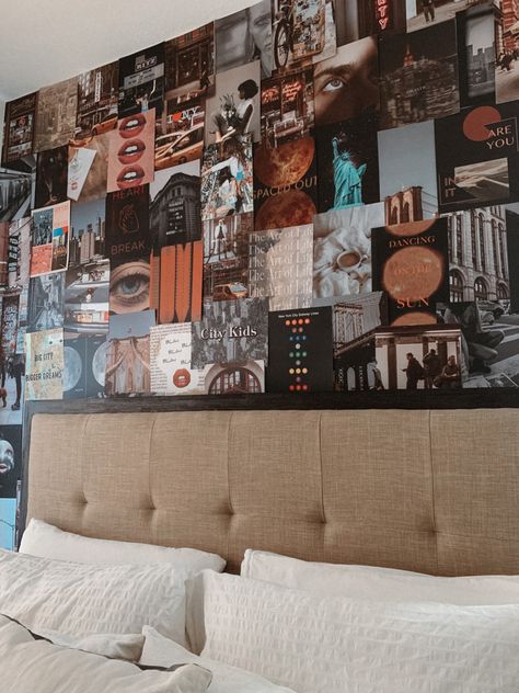 Wall Behind Bed, City Collage, Bedroom Wall Collage, Vintage Room Decor, College Room, Decorative Ideas, Apartment Bedroom, Collage Kit, Teen Room Decor