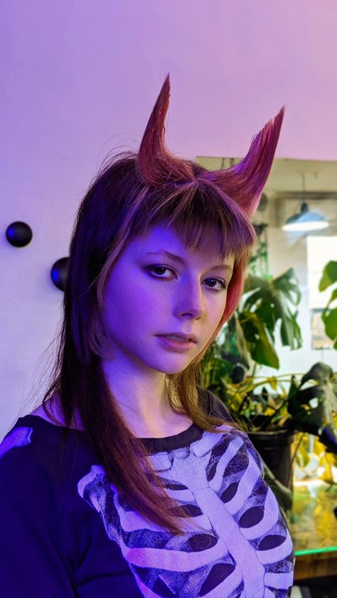 Horned Hairstyle, Horn Hairstyle, Wesley Joseph, Devil Horn Hair, Hair Horns, Hair Horn, Devil Horns, Punk Hair, Purple Jacket