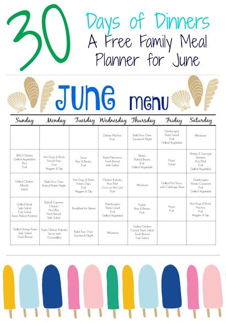 June Meal Plan for Families (& Free Printable) || The Chirping Moms June Meal Plan, Weekly Meal Plan Family, Free Family Printables, Family Meal Planner, Meal Calendar, Weekly Dinner Menu, Meal Schedule, Daycare Menu, Meal Planning Menus