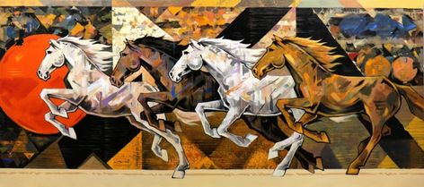 Indian Paintings | Indian Art | Modern Art Paintings | Modern Paintings Seven Horses Painting, Colorful Horse Painting, Abstract Horse Art, Horse Canvas Painting, Modern Indian Art, Abstract Horse Painting, Modern Expressionism, Buy Paintings Online, Abstract Horse