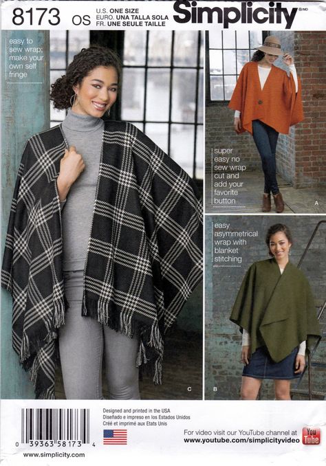 Simplicity+8173+Misses+Fleece+Poncho+Wraps+Sewing+Pattern+Sizes+OSZ Poncho Wrap Pattern, Poncho Sewing Pattern, Poncho Pattern Sewing, Fleece Poncho, Cape Pattern, Poncho Wrap, Clothing Patterns Free, Poncho Pattern, Wrap Pattern