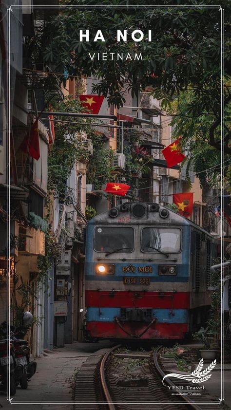 Charming Streets of Hanoi: A Train's Journey Through Narrow Alleys Hanoi Train Street, Narrow Alley, Vietnamese Flag, Hanoi Vietnam, Train Journey, Best Sites, Red And Yellow, Hanoi, A Train