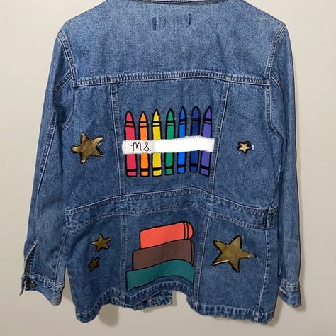 ⭐️ CUSTOM ⭐️ Teacher Jacket!! Teacher Denim Jacket, Teacher Jacket, Favorite Teacher, Teacher Outfits, Teacher Favorite Things, Artsy Fartsy, Teacher Shirts, Jean Jacket, Shirt Designs