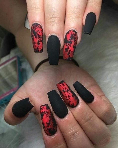 If you are having lovely longer nail, you can take a look of the collection where we have got some amazing Nail Design Ideas with color combinations. #halloweencostume #halloweendecor #halloween Red Black Nails Short, Halloween Nails Acrylic, Nagellack Trends, Halloween Acrylic Nails, Black Acrylic Nails, Gothic Nails, Goth Nails, Red Nail Designs, Red Nail