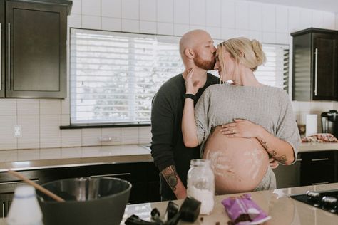 This beautiful couple had a baking themed maternity shoot to welcome in their new baby! Such a precious moment. I love indoor photos. They are a perfect balance of a intimate yet casual moment. . . . . . #fashion #maternity #maternitystyle #maternityphotoshoot #maternitypictures #baby #babybump #familyphotography #photography #aesthetic #indoorphotography #kitchen #cutecouple #coupleportrait #coupleromantic #texas #texasphotofrapher Maternity Shoot In Kitchen, Kitchen Maternity Photos, Half Baked Maternity Photo Ideas, 20 Weeks Half Baked Photo, 20 Week Pregnancy Photos With Husband, Kitchen Maternity Shoot, Kitchen Pregnancy Photoshoot, Couples Baking Photoshoot, Halfway Baked Pregnancy Photoshoot