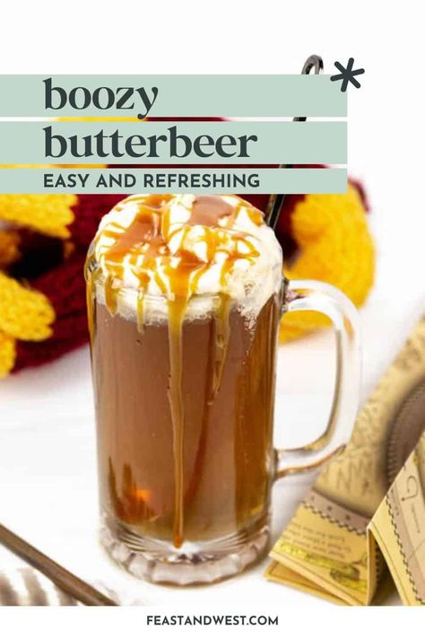 Apparate to Hogsmeade with a mug of Harry Potter Boozy Butterbeer. Warm and inviting, this butterscotch and vanilla cocktail is just magical. Butterbeer Cocktail Recipe, Butterbeer Cocktail, Boozy Butterbeer, Butterbeer Recipe Alcoholic, Hot Butterbeer Recipe, Butterscotch Cocktail, Easy Butterbeer Recipe, Alcoholic Butterbeer, Homemade Butterbeer