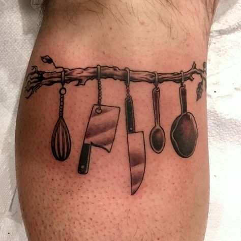 Thanks to @plain_ol_dan_carr for letting me do this cool little culinary tattoo @lovecrafttattoo #nofilter #blackandgreytattoo Cooking Tattoo, Culinary Tattoos, Chef Tattoo, Food Tattoos, Knife Tattoo, Culinary Art, Arm Band Tattoo, Popular Tattoos, Flowy Blouse