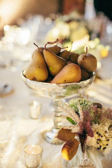 Pear Centerpiece Wedding, Fall Fruit Wedding Decor, Pear Centerpieces, Pear Decor, Centerpiece Inspiration, Autumn Blessings, Thanksgiving Blessings, Pear Blossom, Fall Entertaining