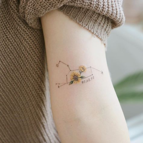 We found the most beautiful variety of Leo zodiac tattoos ranging from small and feminine to constellations and zodiac symbols. Leo Sign Tattoo, Leo Constellation Tattoo, Leo Zodiac Tattoos, Leo Tattoo Designs, Sagittarius Tattoo, Horoscope Tattoos, Leo Tattoos, Birth Flower Tattoos, Zodiac Tattoos