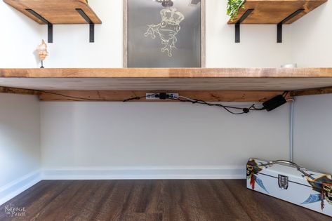 Making A Desk Diy, Long Floating Desk With Storage, Floating Standing Desk, Live Edge Floating Desk, Diy Floating Desk Wall Mount, Desk Attached To Wall, Wall Length Desk, Full Wall Desk, Desk With Brackets